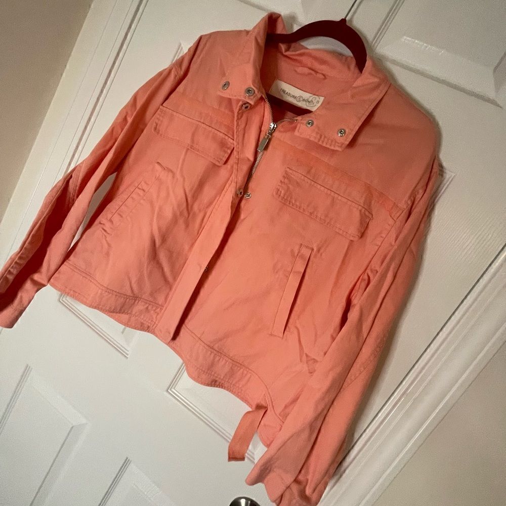 TREASURE & BOND Stand Collar Cotton Twill Jacket In Peach LARGE